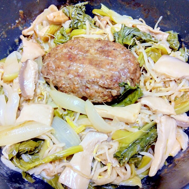 エリンギ小松菜もやし小玉葱ハンバーグ蒸し煮